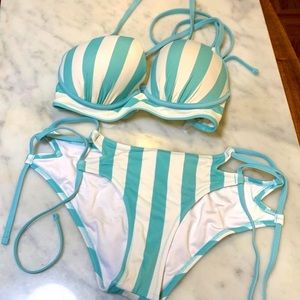 Shade and Shore Blue/White Striped Bikini Small/36B Padded Cups Beach Pool Swim
